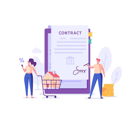 Mortgage Contract. Family Buying Home and Signing Loan Agreement. Mortgage Application Form. Concept of Purchase Real Estate, Buy House. Vector illustration for Web Design, Landing Pageのイラスト素材