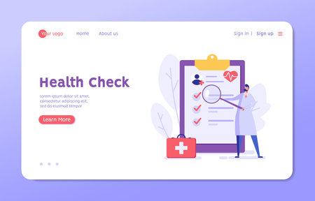 Health Check Up Concept Web Banner. Medical Doctor Examining or Checking Patient. Concept of Healthcare, Health Insurance, Medical Report. Vector illustration for Web Designのイラスト素材
