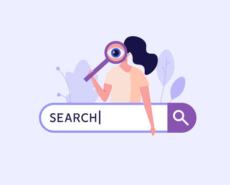 People searching information in internet. Woman looking through magnifying glass with search bar. Web search in internet, online surfing, SEO. Trendy vector illustration in flat design for web bannersのイラスト素材