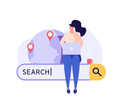 People searching information in internet. Woman browsing online with search bar. Web search in internet, online surfing, SEO. Trendy vector illustration in flat design for web bannersのイラスト素材