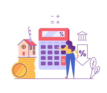 Mortgage Calculator Vector Illustration. Woman Counting Mortgage Percents for Low Rates. Interest Rates Dropping. Client Decrease Percent. Concept of Credit Score, Buy House, Mortgage Loanのイラスト素材