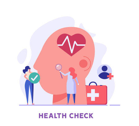 Health Check Up Concept Web Banner. Medical Doctor Examining or Checking Patient. Concept of Healthcare, Health Insurance, Medical Report. Vector illustration for Web Designのイラスト素材