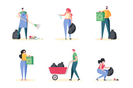Young people cleaning garbage in bag at the beach. Set with volunteers collecting trash. Concept of clean up, ecology protection, save planet. Vector illustration in cartoon flat designのイラスト素材