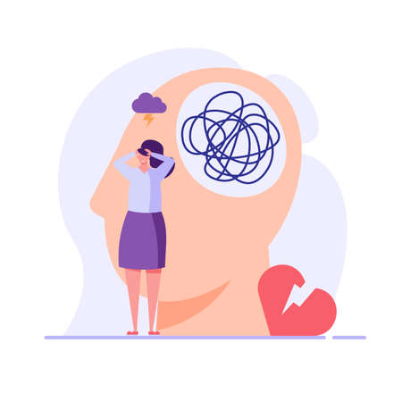 Sad woman in depression. Concept of Mental health problem and issues, psychology therapy, brain care. Vector illustration in flat cartoon designのイラスト素材
