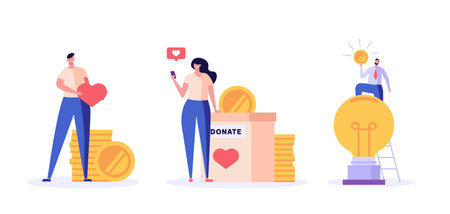 People standing with coin and donating money. Crowdfunding. Concept of donation, volunteering, donation box, charity. Vector illustration in flat design for book, banner, cardのイラスト素材