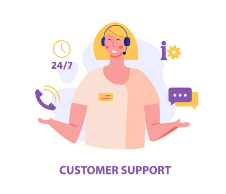 Consultant with headsets helps customers. Customer support. Concept of hotline worker, online assistant, telemarketer, customer attraction. Vector illustration in flat for UI, web banner, mobile appのイラスト素材
