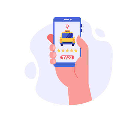 Hand holds the phone, uses the taxi application. Concept of taxi service, geolocation, using phone, driver, homecoming, online taxi. Vector illustration in flat design for mobile app, web banner.のイラスト素材