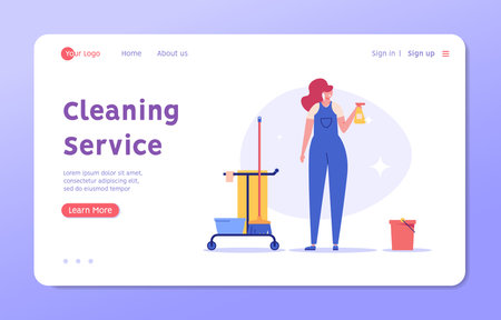 Cleaners woman working in office or home. Janitor or housekeeper in uniform. Concept of cleaning service, cleanup house, housekeeping. Vector illustration in flat design for web bannersのイラスト素材
