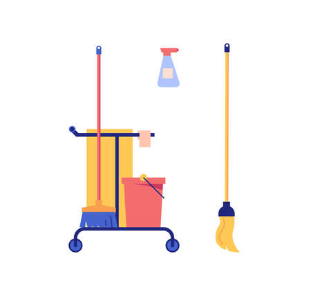 Cleaners team working in office or home. Janitor or housekeeper in uniform. Concept of cleaning service, cleanup house, housekeeping. Vector illustration in flat design for web bannersのイラスト素材
