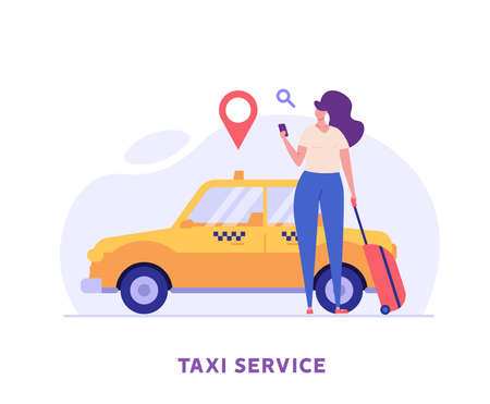 Woman calling a taxi, checking where the car is. Concept of taxi service, geolocation, convenient use, car, driver. Vector illustration in flat design for mobile app, web banner.のイラスト素材