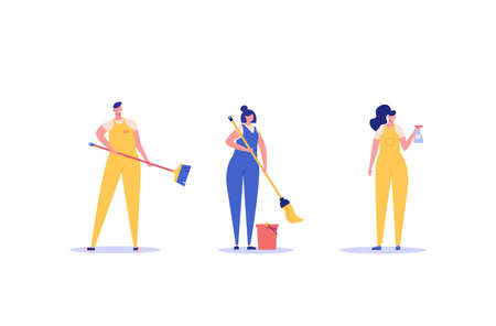 Cleaners team working in office or home. Janitor or housekeeper in uniform. Concept of cleaning service, cleanup house, housekeeping. Vector illustration in flat design for web bannersのイラスト素材