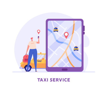 Man calling a taxi, checking where the car is. Concept of taxi service, geolocation, convenient use, car, driver. Vector illustration in flat design for mobile app, web banner.のイラスト素材