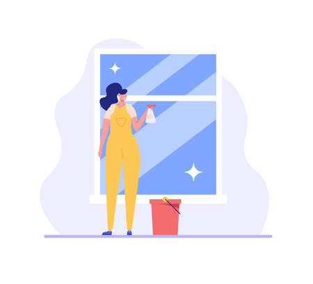 Cleaners woman working in office or home. Janitor or housekeeper in uniform. Concept of cleaning service, cleanup house, housekeeping. Vector illustration in flat design for web bannersのイラスト素材