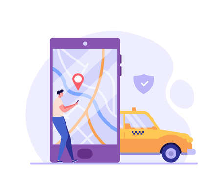 Man calling a taxi, checking where the car is. Concept of taxi service, geolocation, convenient use, car, driver. Vector illustration in flat design for mobile app, web banner.のイラスト素材