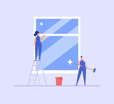 Cleaners team working in office or home. Janitor or housekeeper in uniform. Concept of cleaning service, cleanup house, housekeeping. Vector illustration in flat design for web bannersのイラスト素材