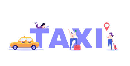 People calling a taxi, checking where the car is. Concept of taxi service, geolocation, convenient use, car, driver, homecoming. Vector illustration in flat design for mobile app, web banner.のイラスト素材