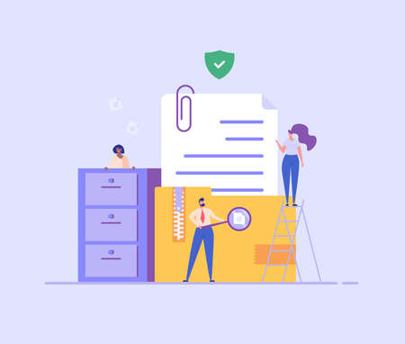 People standing next to a file storage box. Concept of document archive, data storage, safe storage, file archiving and organization, digital database. Vector illustration in flat designのイラスト素材