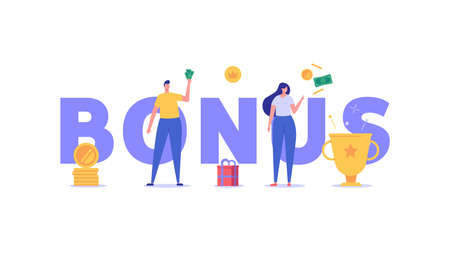 Illustration for People getting an award and bonus money. Happy businessman receiving reward and standing near winner cup. Concept of money bonus, reward program, salary payment. Vector illustration in flat design. - Royalty Free Image