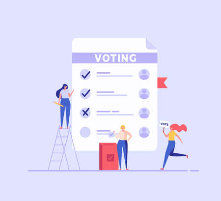 Online Voting and Election Campaign. People Voting with Vote Box and Calling for Vote. Concept of Election Day, Making Choice, Balloting Paper, Democracy. Vector illustration for UI, mobile appのイラスト素材
