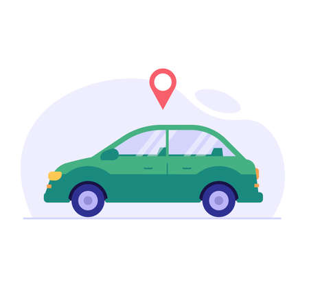 Geolocated car. Concept of car rental, car sharing, driver services, taxi, sober driver, smart car, technology, check, geolocation. Vector illustration in flat designのイラスト素材