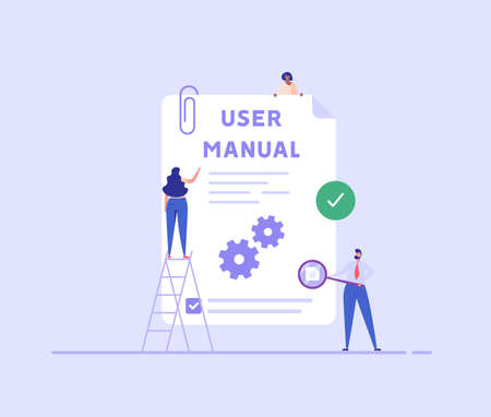 People read user manual book. Managers reading and writing guide instruction. Concept of customer guide, useful information, technical document. Vector illustration in flat design for UI, web bannerのイラスト素材