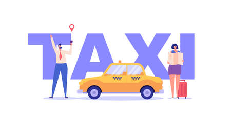 People calling a taxi, checking where the car is. Concept of taxi service, geolocation, convenient use, car, driver, homecoming. Vector illustration in flat design for mobile app, web banner.のイラスト素材