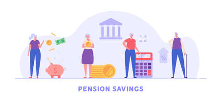 Elderly couple, pensioners are standing next to a calculator, piggy bank and coins. Concept of pension savings, insurance pension, pension fund, investments. Vector illustration in flat designのイラスト素材