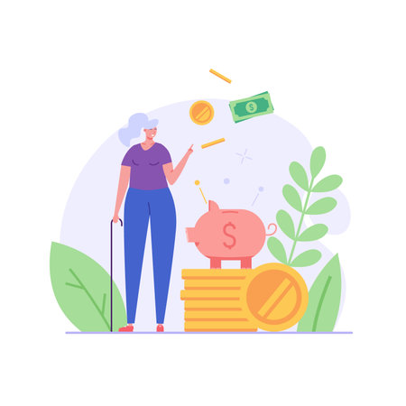 Elderly woman standing next to a piggy bank and coins. Concept of pension savings, insurance pension, funded pension, investments. Vector illustration in flat designのイラスト素材