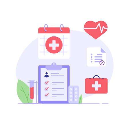 Health Check Up Concept Web Banner. Medical Doctor Examining or Checking Patient. Concept of Healthcare, Health Insurance, Medical Report. Vector illustration for Web Designのイラスト素材