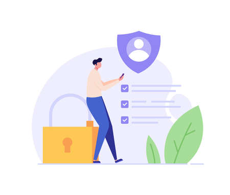 Terms and conditions concept. Man reading document, protecting personal data, checking documents. Concept of account security, privacy policy, user agreement. Vector illustration in flat designのイラスト素材