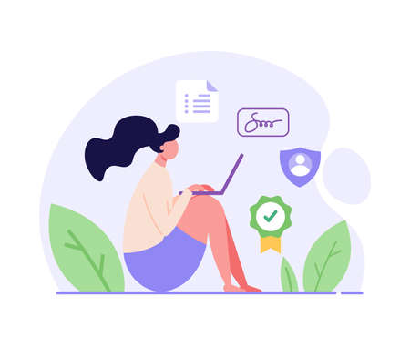 Terms and conditions concept. Woman reading document, protecting personal data, checking documents. Concept of account security, privacy policy, user agreement. Vector illustration in flat designのイラスト素材