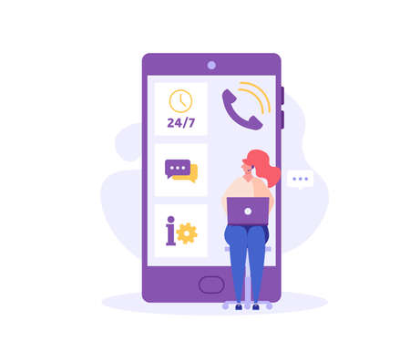 Consultant with headsets helps customers. Customer support. Concept of hotline worker, online assistant, telemarketer, customer attraction. Vector illustration in flat for UI, web banner, mobile appのイラスト素材