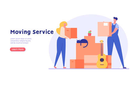 Moving service in new house or apartment. Delivery team with cardboard boxes for home stuff. People moving in new home. We're moving concept. Vector illustration for Web Designのイラスト素材