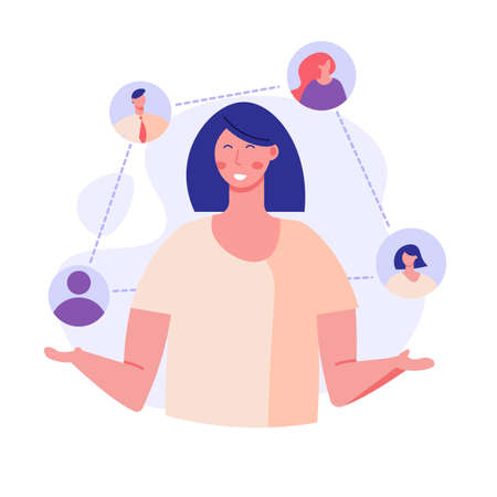 Girl invites friends to the loyalty program. Concept of discount and loyalty card, customer service, online shopping, earn point, refer a friends. Vector illustration in flat designのイラスト素材