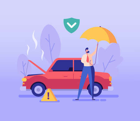 Road Accident Vector illustration. Man with Umbrella Standing beside Broken Car with Car Insurance. Concept of Car Insurance Services, Protection Property, Road Accident for Web Design, UI, Bannersのイラスト素材