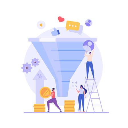 Marketing team earning money and generating leads. Increasing rates with sales funnel. Concept of monetization, earn money online, lead generation. Vector illustration in flat for web UI designのイラスト素材
