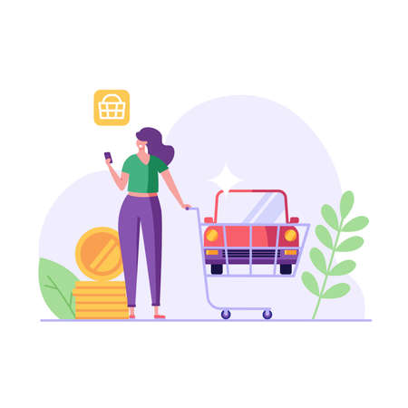 Woman purchases car online. Happy client buying new automobile. Vehicle rental. Concept of auto purchase, car buying, auto finance, leasing. Vector illustration in flat design for web banners, UIのイラスト素材