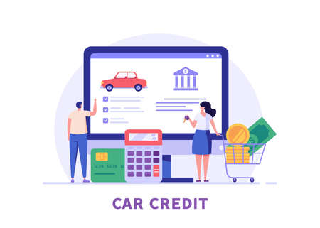 Couple choosing car online. Happy clients buying new automobile with computer. Concept of auto credit, car loan, auto finance, banking products. Vector illustration in flat for web banners, UIのイラスト素材