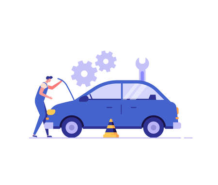 Auto mechanic repairing and checking the broken car with a wrench in a garage. Concept of car repair, vehicle inspection, auto service. Vector illustration in flat design.のイラスト素材