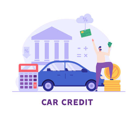 Man purchases car with bank loan. Happy client buying new automobile on motor credit. Concept of auto credit, car loan, auto finance, banking products. Vector illustration in flat for web banners, UIのイラスト素材