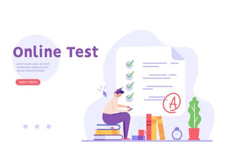 Man taking university exam remotely and temporarily. Student writing test. Concept of online exam, online survey, testing, e-learning. Vector illustration in flat design for UI, banner, mobile appのイラスト素材