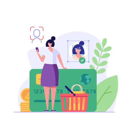Woman using technology face recognition for payment. Client shopping online with biometric. Concept of face payment, facial recognition, customer identification. Vector illustration in flat designのイラスト素材