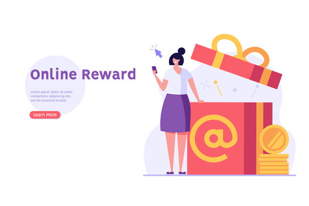 Woman stands with a smartphone and sends or receives an online gift. Concept of online gift, reward program, online gift purchase. Vector illustration in flat design for web banner, ui.のイラスト素材