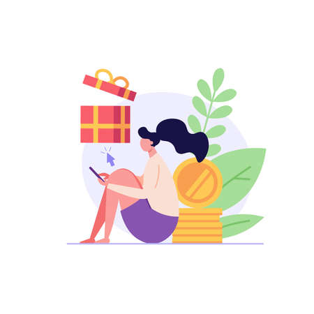 Woman sits with a laptop and receives an online gift. Concept of online gift, reward program, online gift purchase. Vector illustration in flat design for web banner, ui.のイラスト素材
