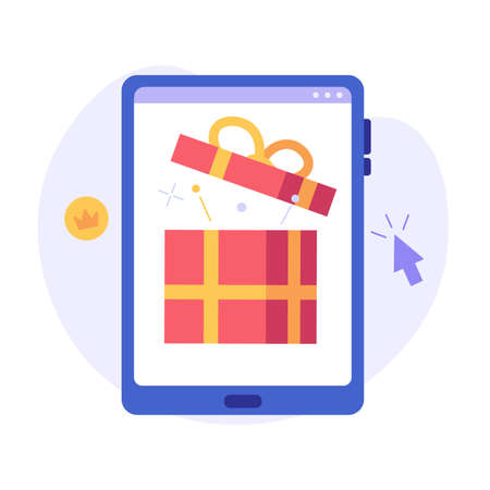 People send or receive an online gift. Concept of online gift, reward program, online gift purchase, shopping. Vector illustration in flat design for web banner, ui.のイラスト素材