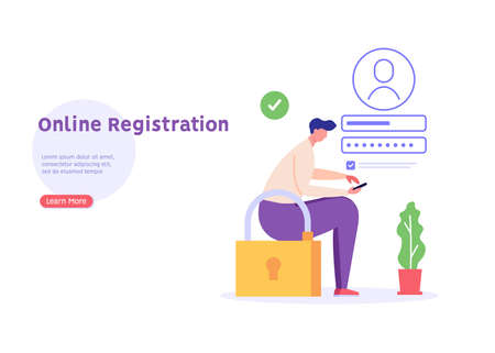 Man creating new account with login and secure password. Registration user interface. Users register online. Concept of online registration, sign in, sign up. Vector illustration in flat for app, UIのイラスト素材
