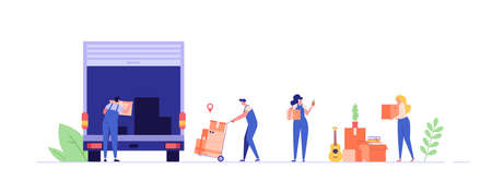 Moving service. People moving in new house or apartment. Delivery truck with cardboard boxes for home stuff. Movers moving in new home. We're moving concept. Vector illustrationのイラスト素材