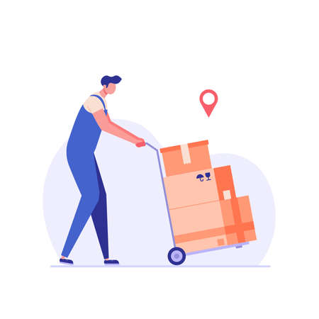 Moving service in new house or apartment. Delivery truck with cardboard boxes for home stuff. Movers moving in new home. We're moving concept. Vector illustration for Web Designのイラスト素材