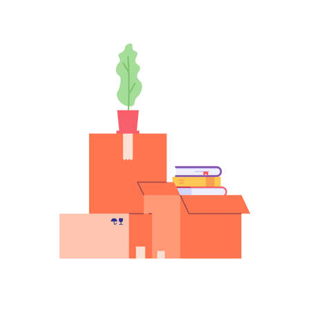 Moving service in new house or apartment. Delivery truck with cardboard boxes for home stuff. Movers moving in new home. We're moving concept. Vector illustration for Web Designのイラスト素材