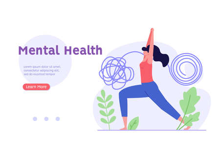 Young woman doing yoga exercises and meditating. Physical and mental wellness. Concept of mental health, healthy habits, active lifestyle. Vector illustration in modern flat cartoon designのイラスト素材